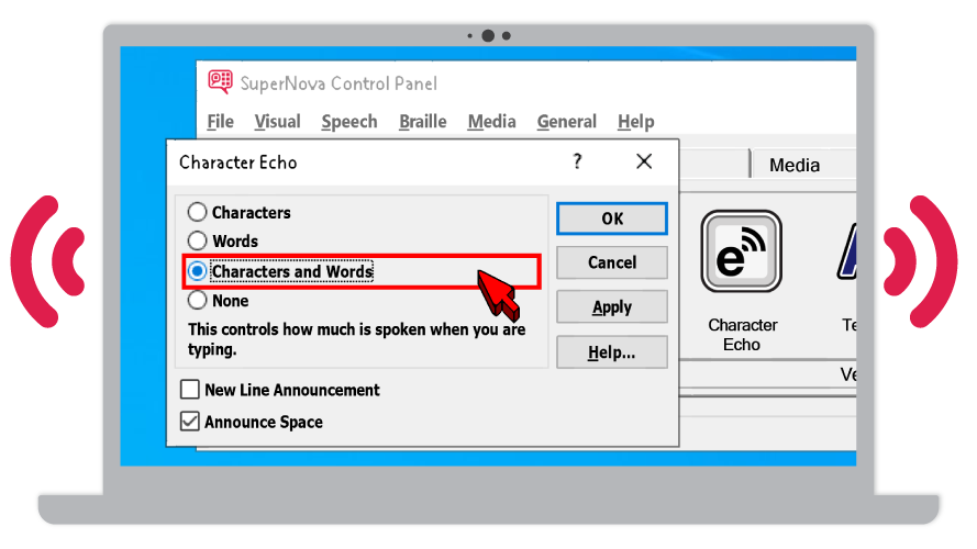 Graphics showing a SuperNova toolbar with speech options.